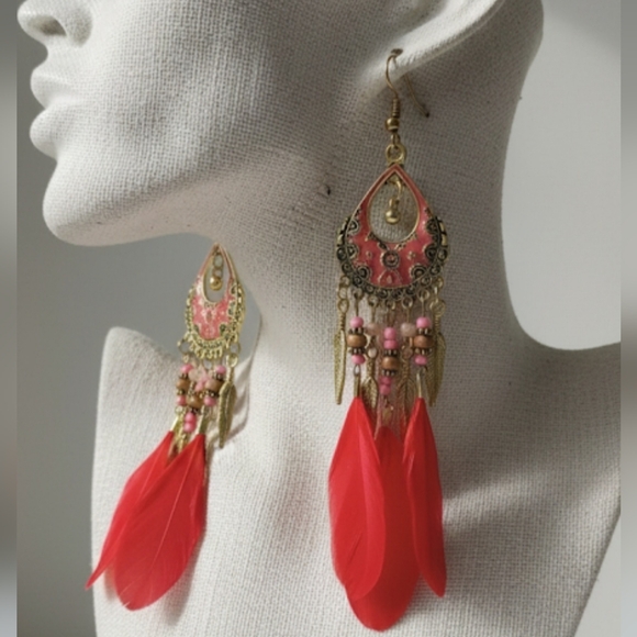 Feather earrings for women, vintage bohemian style with dreamcatcher .5 Inches - Picture 9 of 12